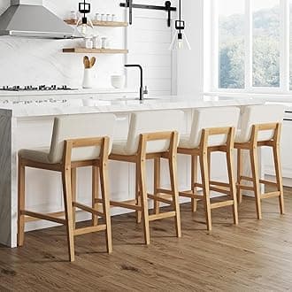 Nathan James Gracie Modern Counter Height Bar Stool with Back, Counter Stool Upholstered Chair with Natural Textured Linen and Brushed Wooden Legs, Cream Boucle/Light Brown, Set of 4