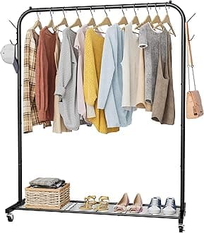 Clothes Rail, Portable Clothes Rack with Hook and Metal Storage Shelf, Heavy Duty Clothes Rail on Wheels, Clothing Rail Clothes Rails for Bedroom, Hanging Rails for Clothes, Holds up to 40 kg, Black