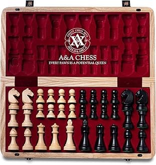 A&A Premium Natural European Ash Folding Chess Set, w/ 15" Board & 3" King Height Staunton Chess Pieces, Includes 2 Extra Queens and a Storage Bag