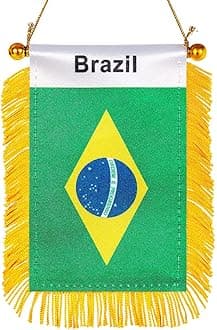 WXTWK 3 X 5 Inch Brazil Flag Brazilian Window Hanging Flag Small Mini Car Flags Banners Rearview Mirror Decoration With Suction Cup Golden Fringy Banner