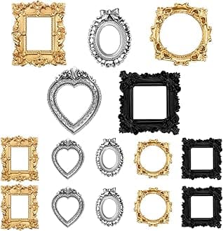 Vicenpal 15 Pcs Vintage Resin Picture Frame Antique Mini Resin Jewelry Display Photography DIY Small Photo Frame for Photo Home Decoration (Black,Gold,Silver)