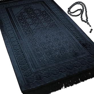 Velvet Prayer Rug - Soft Plush Turkish Janamaz Sajada Carpet for Men and Women - Plain Solid Prayer Mat Ramadan Eid Gift - with Prayer Beads - Luxury Floral Stamp (Black)