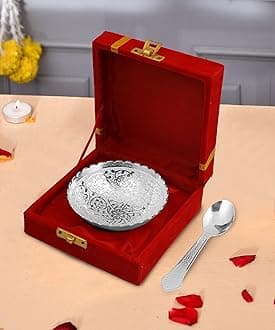 R Ayurveda Copper German Silver Single Bowl with Royal Velvet Box -2 Pieces Set Bowl and Spoon for retrun Gift for Birthday deepawali and All Festive