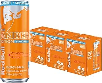 Red Bull Amber Edition Sugar Free Energy Drink, Strawberry Apricot, with 114mg Caffeine plus Taurine & B Vitamins, 12 Fl Oz, Pack of 12 Cans