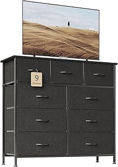 Flrrtenv Chest of Drawer with 9 Drawers, Modern Bedroom Cabinte, 9 Fabric Drawers with Wooden Top, Sturdy Metal Frame, Tall Black Hallway Storage Unit