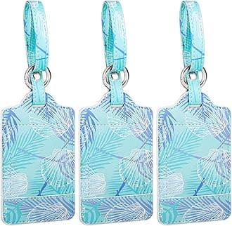 Teskyer Luggage Tags, 3 Pack Premium PU Leather Luggage Tags Privacy Protection Travel Bag Labels Suitcase Tags, 2.7*4.2inch, PRINT-FL03, Shell & Leaves