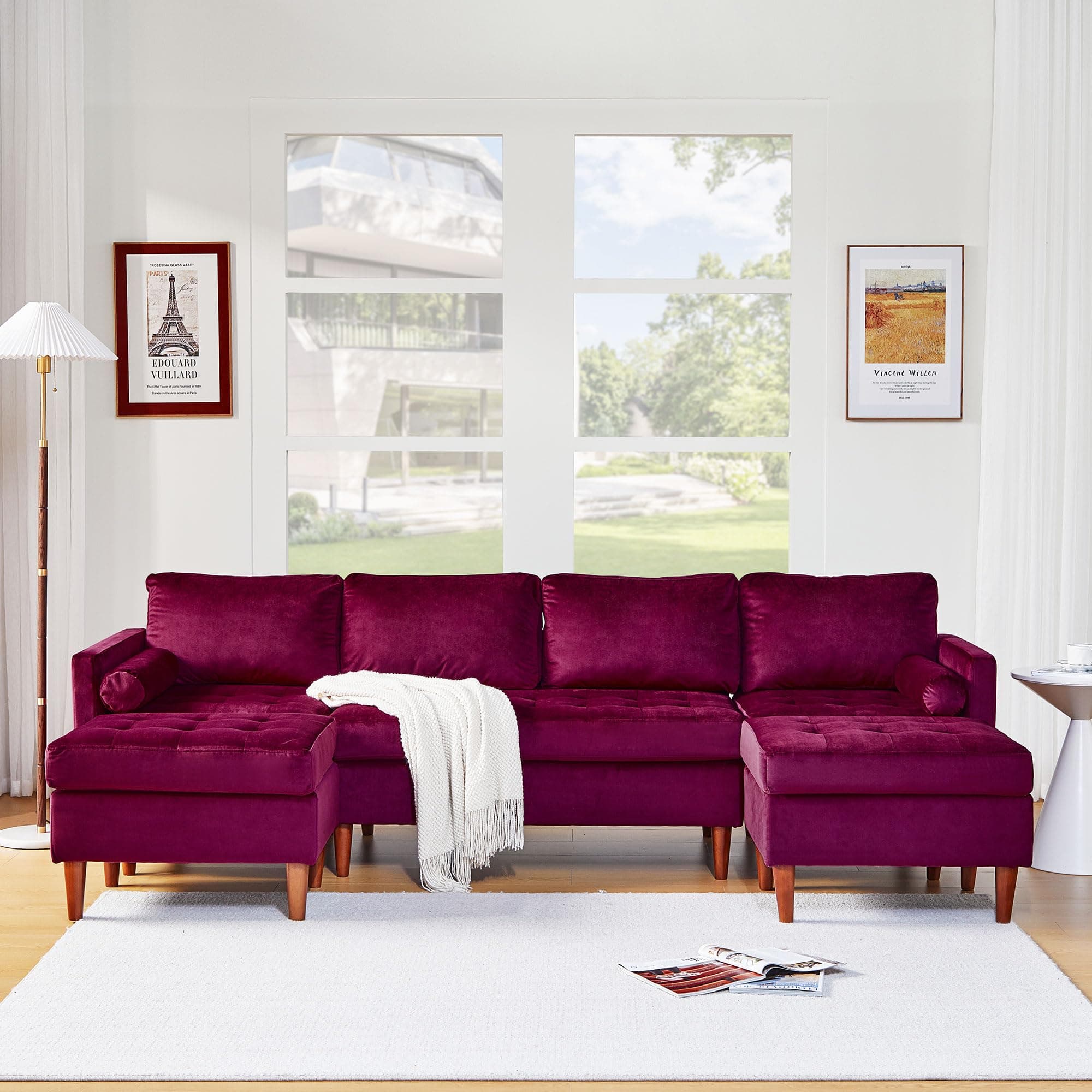 ORRD U-Shape Convertible Sectional Sofa, Modular Sleeper Couch Chaise Modern 6 Seater Velvet Sofa for Living Room, Bedroom, Apartment (Burgundy)