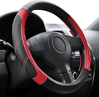 Leather Steering Wheel Cover 14 1/2 to 15 inch Universal Padded Soft Grip Breathable for Car Truck SUV Jeep Anti Slip Black and Red