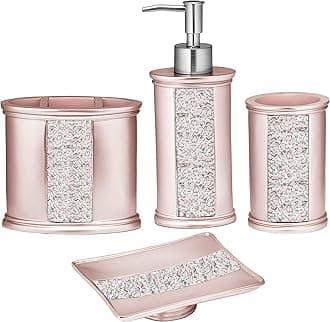 Zahari Home 4pc Sinatra Stylish Bathroom Accessories Set Liquid Soap Dispenser, Tumbler, Tooth Brush Holder and Soap Dish Modern Classic Luxury Decor Bling Mosaic Glass Blush Bathroom Accessories