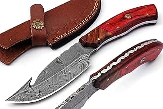 Damascus Steel Hunting Knife - Fixed Blade Deer Knives - Best Gut Hook Skinning Knife With Leather Sheath Belt Loop