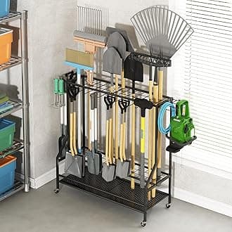 GILLAS Garden Tool Organizer for Garage, Utility Storage Racks with Hooks, Metal Yard Tool Stand Holder Organizer for Long-Handled, Broom, Shovel, Rake, Sturdy Heavy Rack for Outdoor, Yard, Black