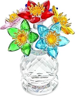 Crystal Flower Figurine with Vase Base 3.8in Tall Multicolor Glass Flower Figurine Collectibles Home Decor for Valentine's Day(Colorful)