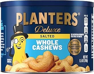 Deluxe Salted Whole Cashews, Party Snacks, Plant-based Protein, 8.5 oz Canister