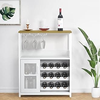 IDEALHOUSE 3-Tier Wine Bar Cabinet with Detachable Wine Rack and Storage Space, Buffet Cabinet with Glass Holder and Mesh Door, for Kitchen, Living Room and Bar (White)