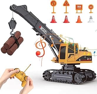 6 Channel RC Tower Crane for Kids - 1/22 Remote-Control-Crane Toy with 2 Batteries, Rotating Lift Construction-Vehicles with LED Lights, Excavator Toy for Ages 3-12+ Years Old Boys & Girls
