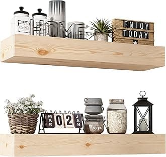 Wall Floating Shelves, Rustic Wood Shelf for Wall Mounted - Wooden Handmade Shelves for Bathroom Kitchen Livingroom - No Stain - DIY(Unfinished, 24 Inch - 2 Pack)
