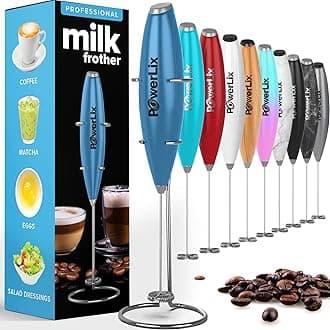 POWERLIXElectric Milk Frother with Stainless Steel Stand 15-20s, 19000 rpm, Battery-Operated Milk Frother for Coffee, Latte, Cappuccino, Hot & Cold Chocolate