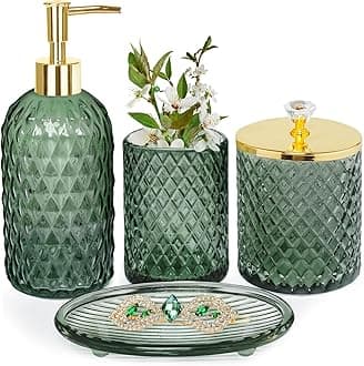 Haturi Bathroom Accessories Set, 4Pcs Sage Green Glass Bathroom Accessories Sets Complete w/Lotion Soap Dispenser, Toothbrush Holder, Apothecary Jar, Soap Dish, Bathroom Decor, Gift for Home Apartment