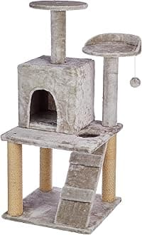 - Amazon Basics Large Cat Tree with Scratching Posts, Balls, Stairs and House | 48.5 x 45.5 x 106.5 cm | Grey