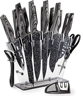 nuovva Professional Kitchen Knife Set with Block - Granite 17 Pcs with Knives Sharpener Peeler and Scissors - Clear Acrylic Block High Carbon Stainless Steel Blades Wood Affect Handle