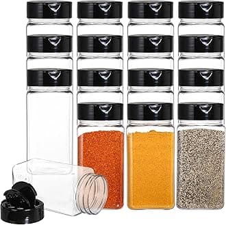 Bekith 16 Pack Plastic Spice Jars Bottles for Storing Spice, Herbs and Powders - 250ml BPA Free Plastic Spice Containers with Black Flip Top Cap to Pour or Shaker/Sifter