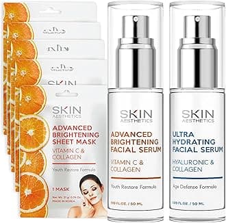 Hydrating Face Mask and Serum Set with Vitamin C, Hyaluronic Acid & Collagen - Smooths Fine Lines, Supports Firmness - Dermatologist Tested, Korean Skin Care, Vegan - 3 Pc Bundle
