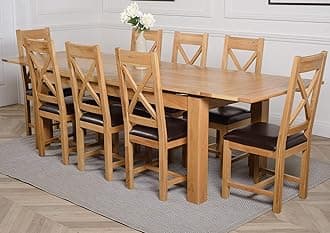 OAK FURNITURE KING Richmond 200cm - 280cm Large Oak Extending Dining Table and 8 Chairs Dining Set with Berkeley Oak & Leather Chairs
