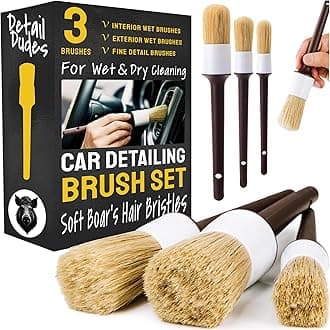 Car Detailing Brush Set 3-pc - Scratch-Free Boars Hair for Interior and Exterior Work - Pro Quality Car Cleaning Brush Kit for Leather Seats, Dashboards, Wheels, Grills and Paint