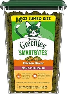 Cat Treats, Feline Smartbites, Skin & Fur Health, Crunchy and Soft Cat Treats, Chicken Flavor, 16 oz. Tub
