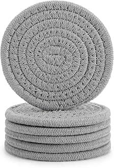 ABenkle 6Pcs Coasters for Drinks, Stylish Handmade Braided Woven Drink Coasters (4.3inch), 100% Cotton Super Absorbent Heat-Resistant Round Coasters, Great Housewarming Gift (Grey)