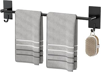 JS Towel Rail Wall Mounted Self Adhesive Towel Holders forBathrooms Stainless Steel Matte Black Towel Bar With 2 Hooks Modern Towel Rack