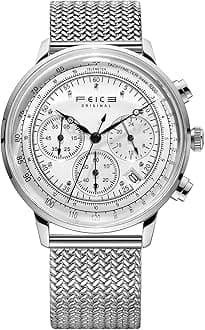 FEICE Men Analogue Silver Band FS303 Wrist Watch with Japanese Quartz Movement Leather Strap Water Resistant Date Multifuntion Display Retro Watch-Silver