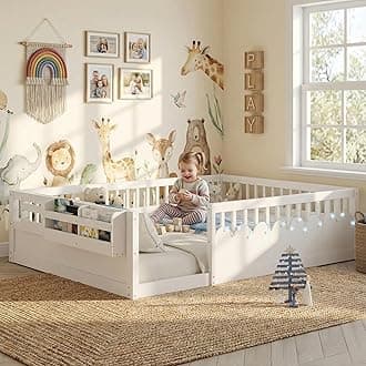 Montessori Floor Bed with High Rails,Full Size Floor Bed Frame for Kids, LED Lights & Storage Shelf, Safe & Wider Opening Gate Design, Playground & Sleep Space for Girls Boys,White