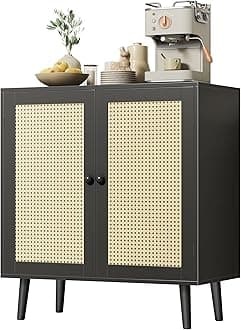 Huuger Buffet Cabinet with Storage, Storage Cabinet with Synthetic Rattan Decor Doors, Solid Wood Feet, for Hallway, Entry, Living Room, Black