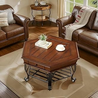 2 Tier Retro Hexagon Wood Coffee Table with Metal Leg, Farmhouse Mid-Century Coffee Table with Storage Shelf ＆ Drawer for Living Room(40" Dx40 Wx19 H)