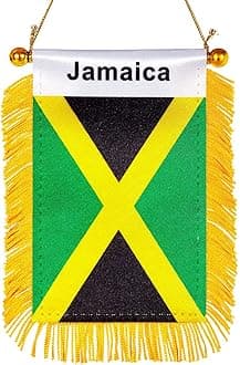 WXTWK 3 X 5 Inch Jamaica Flag Jamaican Window Hanging Flag Small Mini Car Flags Banners Rearview Mirror Decoration With Suction Cup Golden Fringy Banner