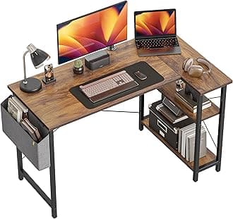CubiCubi 120 cm Small L Shaped Computer Desk with Storage Shelves Home Office Corner Desk Study Writing Table, Rustic Brown