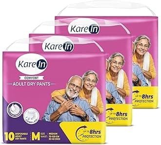 - KareIn Comfort Adult Diaper Pants, Medium 75-100 Cm (30"- 40"), Unisex, Prevents Leakage & Heaviness, Odour Control, Elastic Waist, Wetness Indicator, Pack of 3, 30 Count