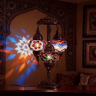 Mozaist Turkish Mosaic Lamp with Bulb – 3 Light Moroccan Table Lamp (Blue & W...