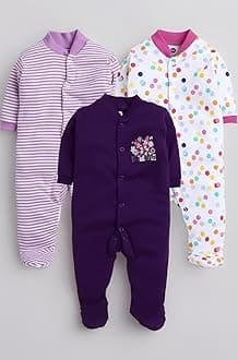 EIO 100% Cotton Baby Rompers Sleepsuits Jumpsuits Night Suits for Newborn Baby Boys & Girls | Soft Infant Bodysuit | Pack of 3 Kids Rompers