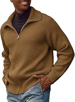 PJ PAUL JONESMen's Full Zip Cardigan Sweaters Unisex Relax Fit Lapel Collar Raglan Sleeve Casual Ribbed Sweater