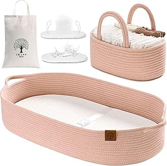 J&JOO Baby Changing Basket includes Diaper Caddy - Soft & Waterproof Dual-Cover, Portable, Changing Pad for Dresser & Changing Table, Gift for Baby Shower, Organic Cotton Rope