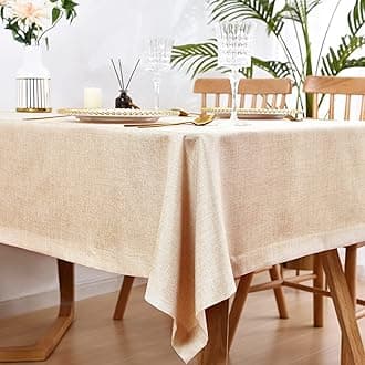 Wolkemer Faux Linen Rectangle Tablecloth Heavy Duty Wrinkle Resistant Fabric Table Cloths 60 x 84 Inch Beige Farmhouse Oblong Table Cover for Kitchen Dining Indoor Outdoor Tabletop Decoration