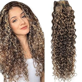 Urbeauty Curly Clip in Extensions Remy Human Hair Brown Highlight Blonde Natural Wavy Hair Extensions 20 Inch 120g Triple Weft Clip in Hair Extensions Full Head Kinky Curly Human Hair 4/27 Color