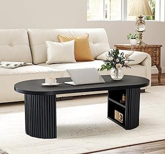 Oval Fluted Coffee Table, 47" Farmhouse Wood Coffee Table Mid Century Modern Center Table Boho Living Room Tables for Living Room Office,Black