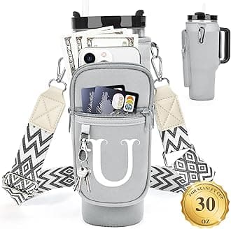 LOKASS Water Bottle Holder with Strap for Stanley Cup 30 oz Tumbler with Handle, Personalized Initial Gift, Water Bottle Carrier Bag with Phone Pocket & Carabiner for Stanley Cup Accessories