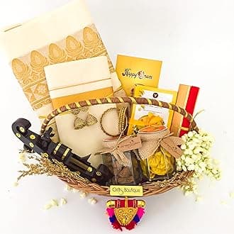 Stunning Onam Gift Hamper by Angroos Gifts Boutique Includes payasam mix,boat,Jaggery Banana Chips ,Banana Chips bottle, Kerala saree,Kerala mund ,bangles, jumuki,Souvenir,greeting card