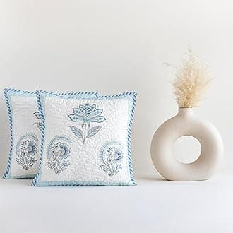 HOMEMONDE Sanganeri Hand Block Printed Soft Cushion Cover Set Of 2 - Square 16 X 16 Inches Cotton Throw Pillow Cover, Baby Blue, 300 TC