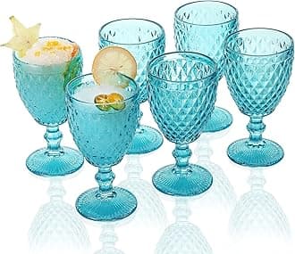 Blue Colored Goblet Glasses 10 oz. set of 6 Water Goblets Vintage Glassware Embossed with Diamond Pattern for Iced Tea Beverage for Party and Wedding