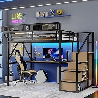 Queen Size Gaming Loft Bed with Stairs and Desk, Metal Loft Bed Frame with Bedside Shelf and Light, Heavy-Duty Adults Lofts Beds with Storage Wardrobe & Charging Station, Black
